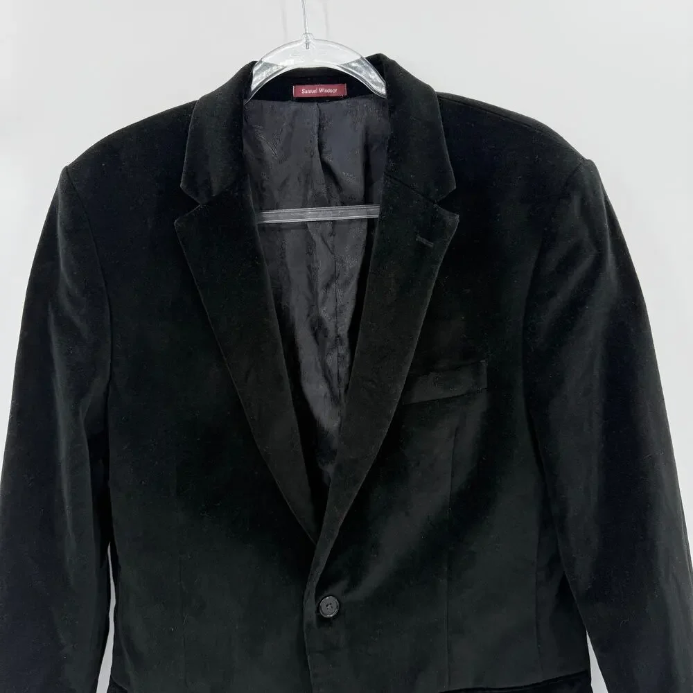 SAMUEL WINDSOR Mens Velvet Single Button Blazer Size 38S Black Regency Jacket